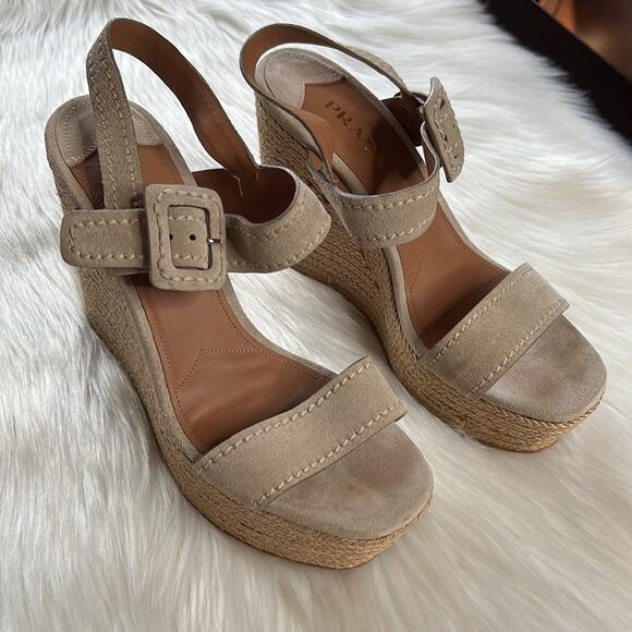 Prada Tan Suede Espadrille Wedge Sandals - Picture 1 of 15